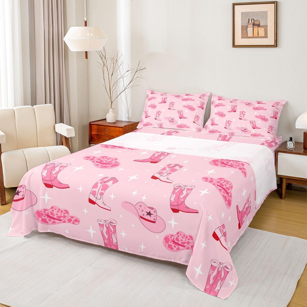 Manfei Cowgirl Pink Fitted Sheet Set with 2 Pillowcases,Western Cowgirl Boots Hats Tribal Bed Sheet Teens,Cartoon Lightning Pink Cowhide Starry Top Flat Sheet Luxury Microfiber,Queen Size