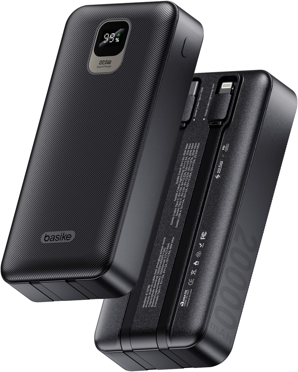 Basike Power Bank, Carregador Portátil Universal 20000mAh, USB-A(até 22.5W)+USB-C(até PD20W), Carregamento Rápido, Led Indicador de Bateria para iPhone/Samsung/Huawei/Xiaomi (Preto)