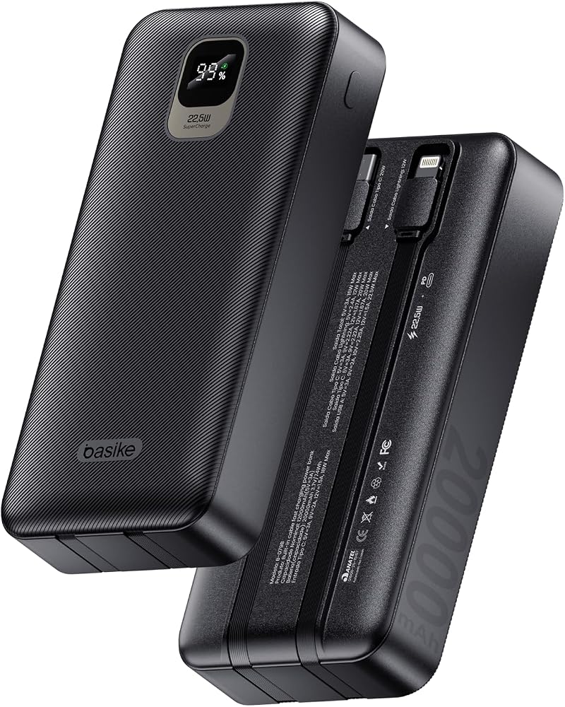 Basike Power Bank 20000mAh, Carregamento Rápido 22,5W, 2 Cabos Integrados | Carregador Portátil Universal, USB-A(até 22.5W)+USB-C(até PD20W), Led