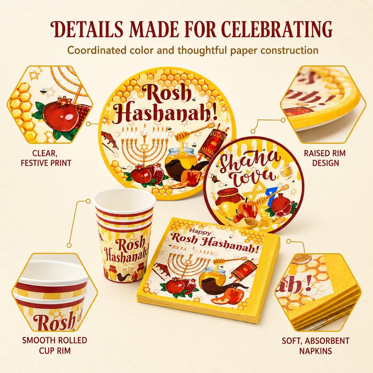 Rosh Hashanah Party Decorations - 100 Pcs Paper Plates Napkins image 2