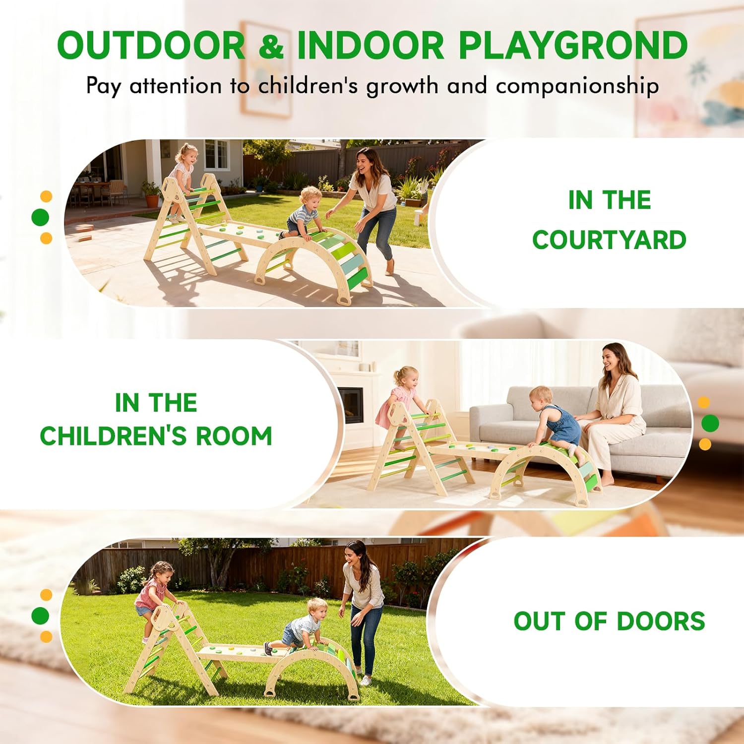 Large pikler Triangle Set with Cushion，7 in 1 Foldable Baby Jungle Gym with Ramp & Arch，Wooden Montessori Toddler Climbing Toys Indoor for Toddlers 1-6 Year Old (Green)