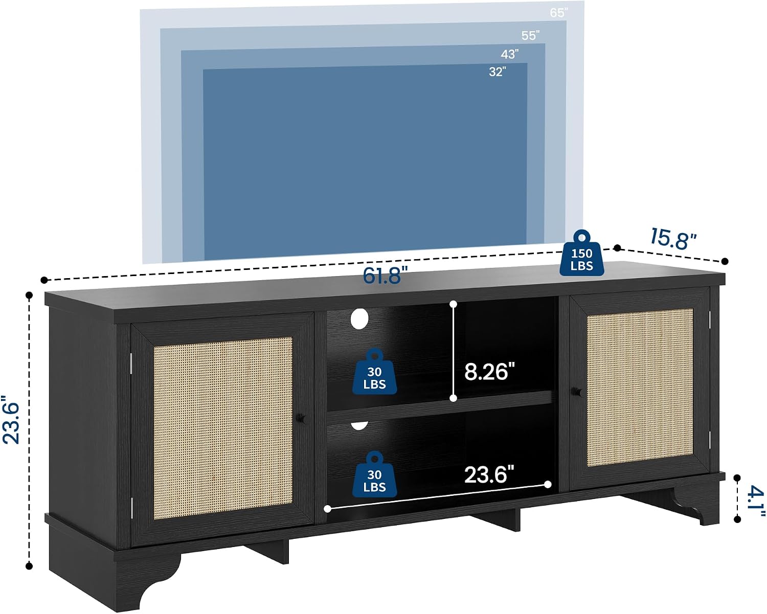 IDEALHOUSE Living Room Table Sets of 2, Includes 62" Rattan TV Stand Storage Cabinet for 65" TV, Farmhouse Coffee Table with Storage Shelf for Bedroom