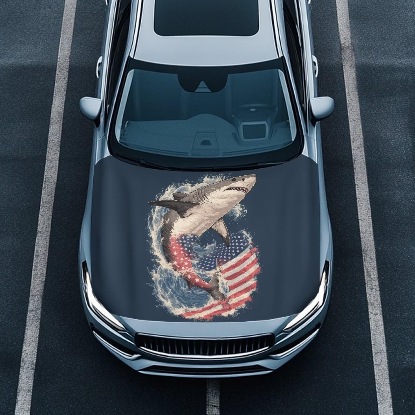 Shark American Flag Car Hood Protector, Ocean Shark Rolling Wave Flag Car Bonnet All-Season Protection, Washable Auto Hood Cover Uniersal Fit for Most Sedans Trucks SUVs
