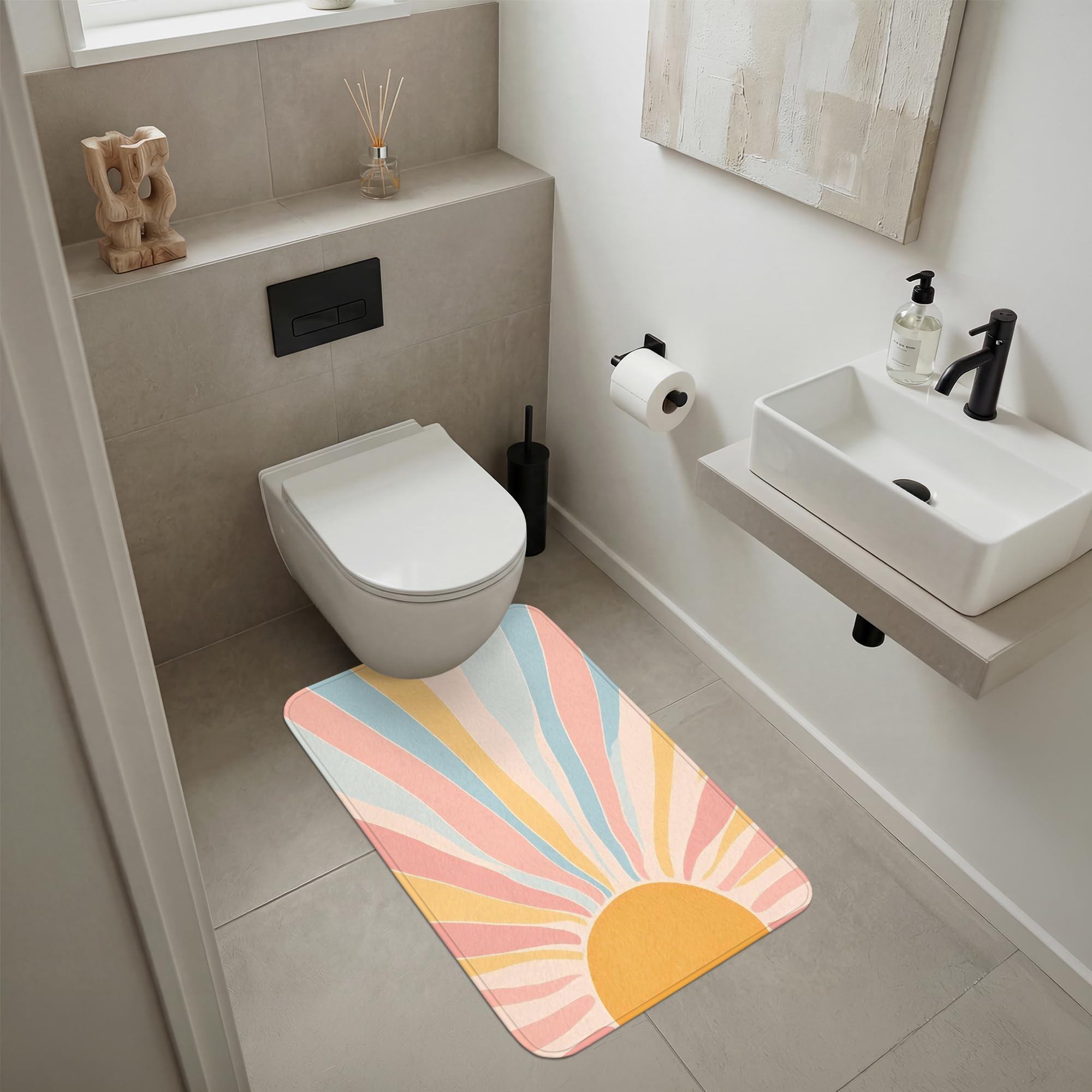 Duschvorleger Badezimmer Deko Badematte rutschfest Bathroom | 60x90 cm - Rechteckig - Vorleger Badmatten Duschteppich Weichschaummatte Illustration - Sonne - Pastellfarben