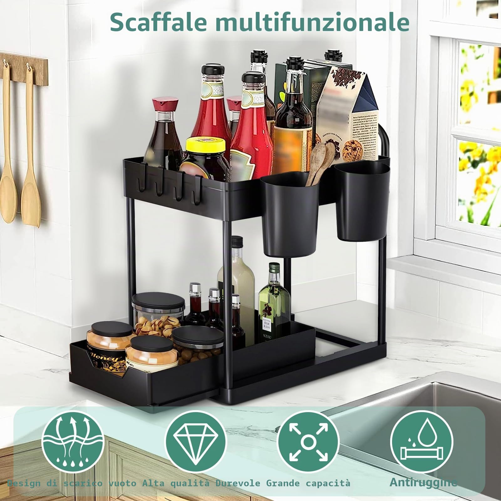 Organizer Sottolavello Cucina 2 Livelli, Estraibile Organizzatore Cucina Con 4 Ganci e 2 Tazze, Sottolavello Portaoggetti Ripiano Cassetto, Organizzatore per lavello Bagno (Nero,1 Pezzo)