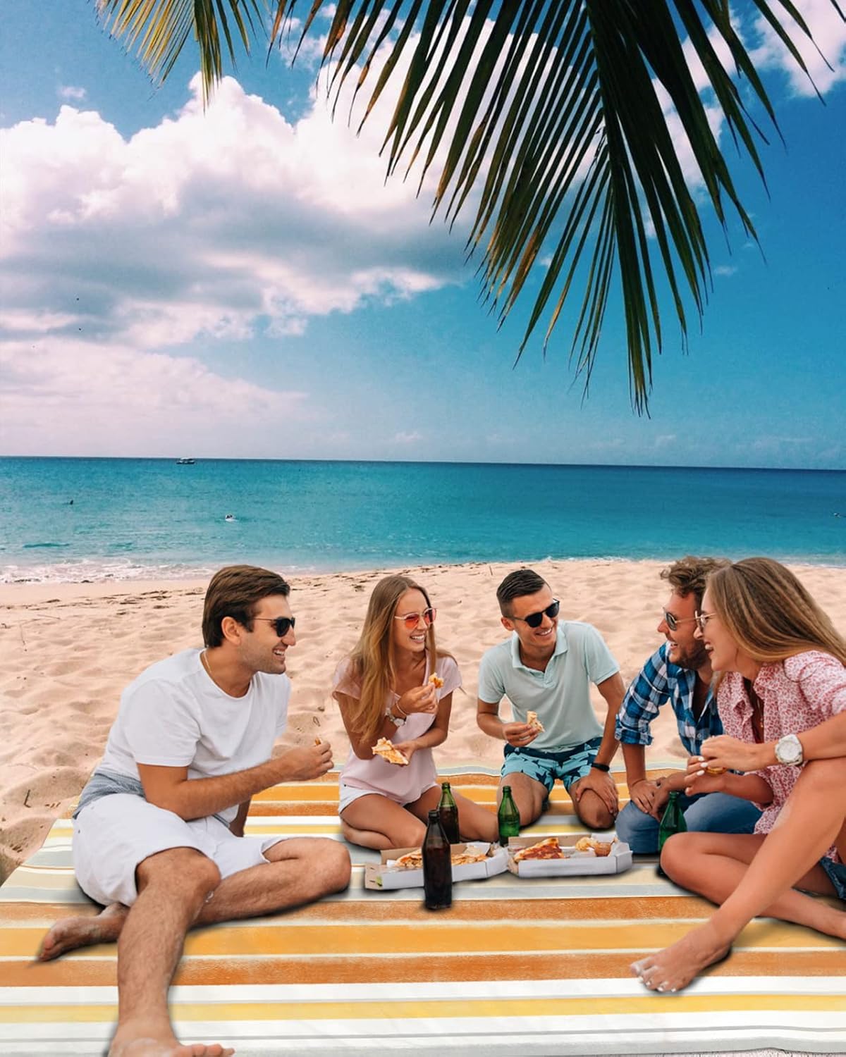 Northern Europe Art Stripes Beach Blanket Waterproof Sandproof Outdoor Picnic Mat 83"x79" Horizontal Color Line Lightweight Large Beaach Blankets with 4 Stake & 4 Corner Pockets