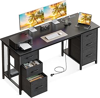 ODK 160cm Computer Desk with 2 File Cabinets and 4 Fabric Drawers, Home Office Desk with Power Outlets, PC Table with Stor...