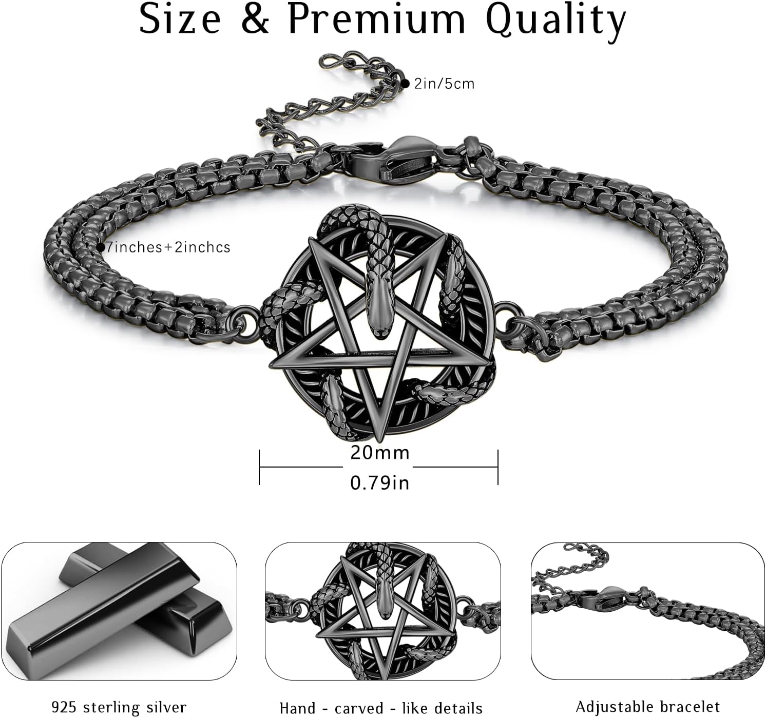 Snake Bracelet for Women Men 925 Sterling Silver Evil Eye/Pentagram Snake Bracelet Adjustable Vintage Jewelry Gift for Women Men - Image 5
