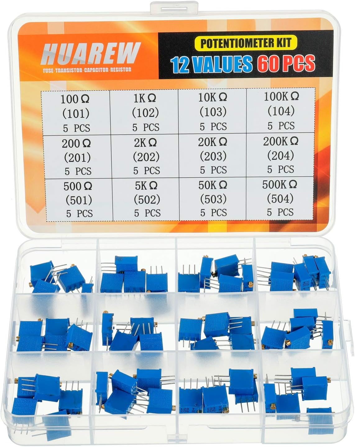 12 Values 60 Pcs 3296W Multiturn Trimmer Potentiometer 100-500 K Ohm Blue 3296 Top Adjustment Variable Resistor Assortment Kit