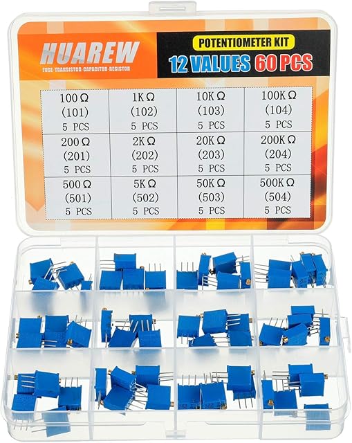 HUAREW 12 Values 60 Pcs 3296W Multiturn Trimmer Potentiometer 100-500 K Ohm Blue 3296 Top Adjustment Variable Resistor Assortment Kit