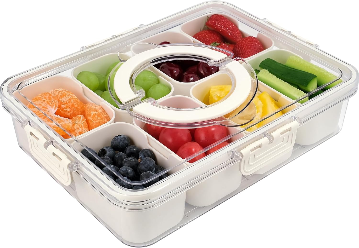 Contenitore per snack, vassoio da portata diviso con coperchio e manico, contenitore per snack e salumi portatili, organizer trasparente per frutta, snack, perfetto per viaggi su strada, picnic e