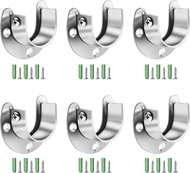 YEYIT 6 Pcs Flange Rod Holder,Closet Rod Holder,U Shaped End Rod Bracket Stainless Steel 25mm Closet Pole Socket for Wardrobe Rod Shower Curtain Rod