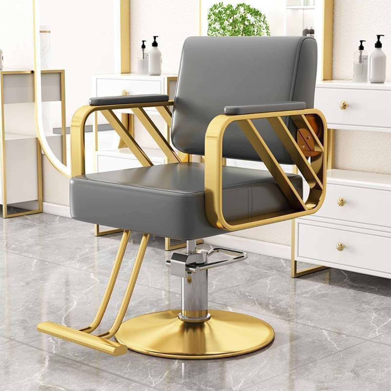Generico Poltrona da Barbiere idraulica Professionale, Girevole a 360°, con Ruote, Colore Grigio e Base Dorata, Altezza Regolabile, Ideale per barbieri e saloni di Bellezza