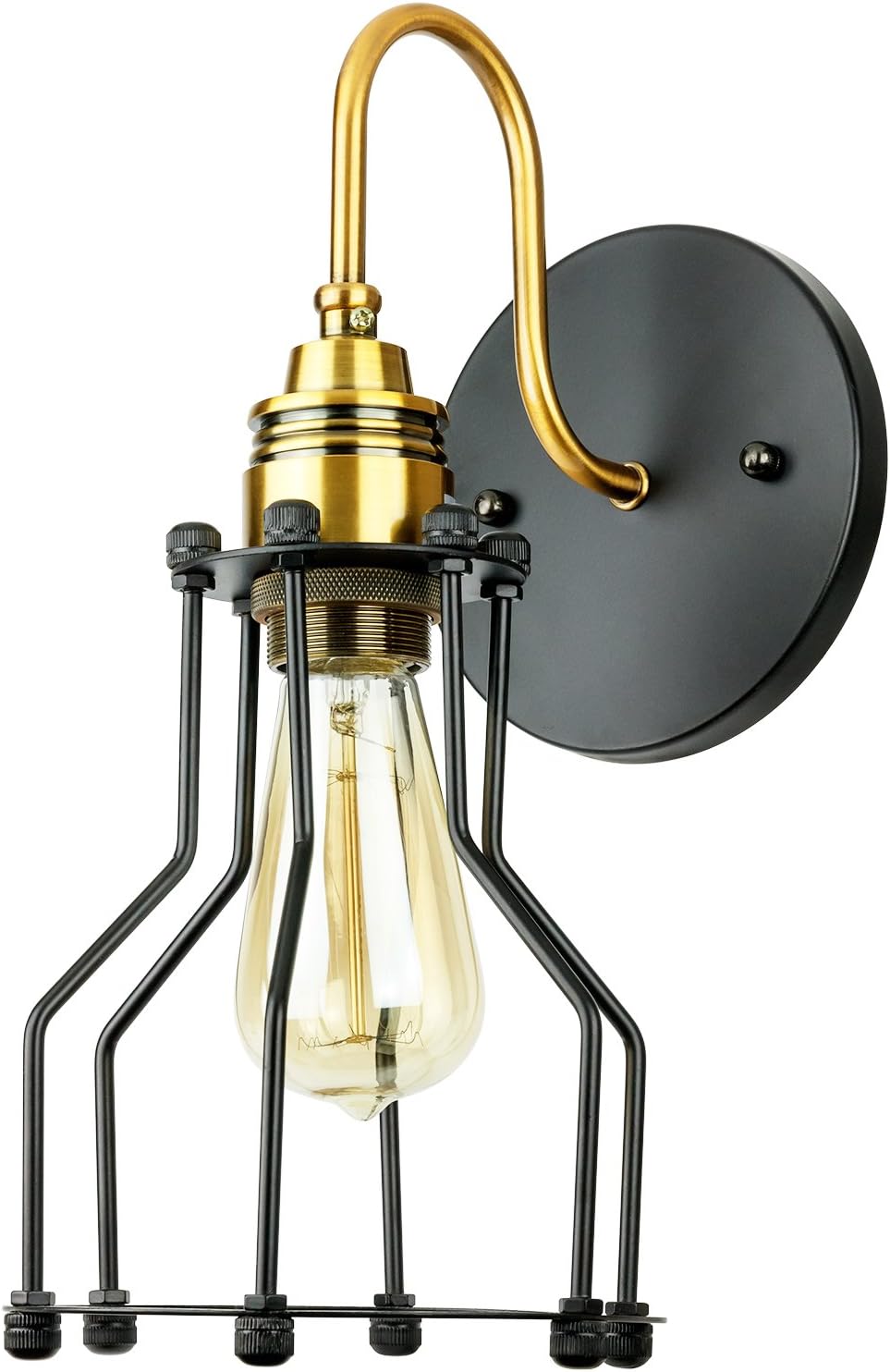 Sunlite 07056 Vintage Designed Open Cage Wall Sconce, Metal Industrial Style Fixture, Medium Base Socket (E26), UL Listed, Antique Brass & Matte Black Finish