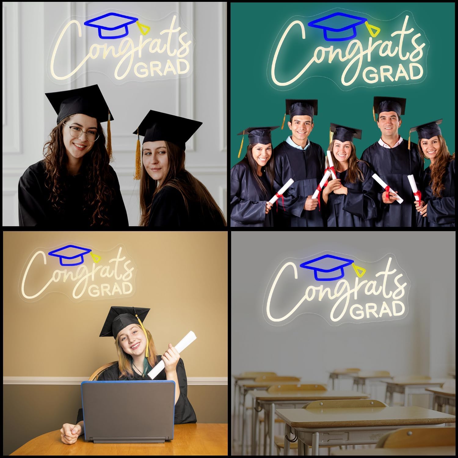 Congrats Grad LED Neon Sign – 16.5x12.6 Inch Warm White Light Up Letters, Adjustable Brightness, Hanging Chain & USB Power For Graduation Party Decor
