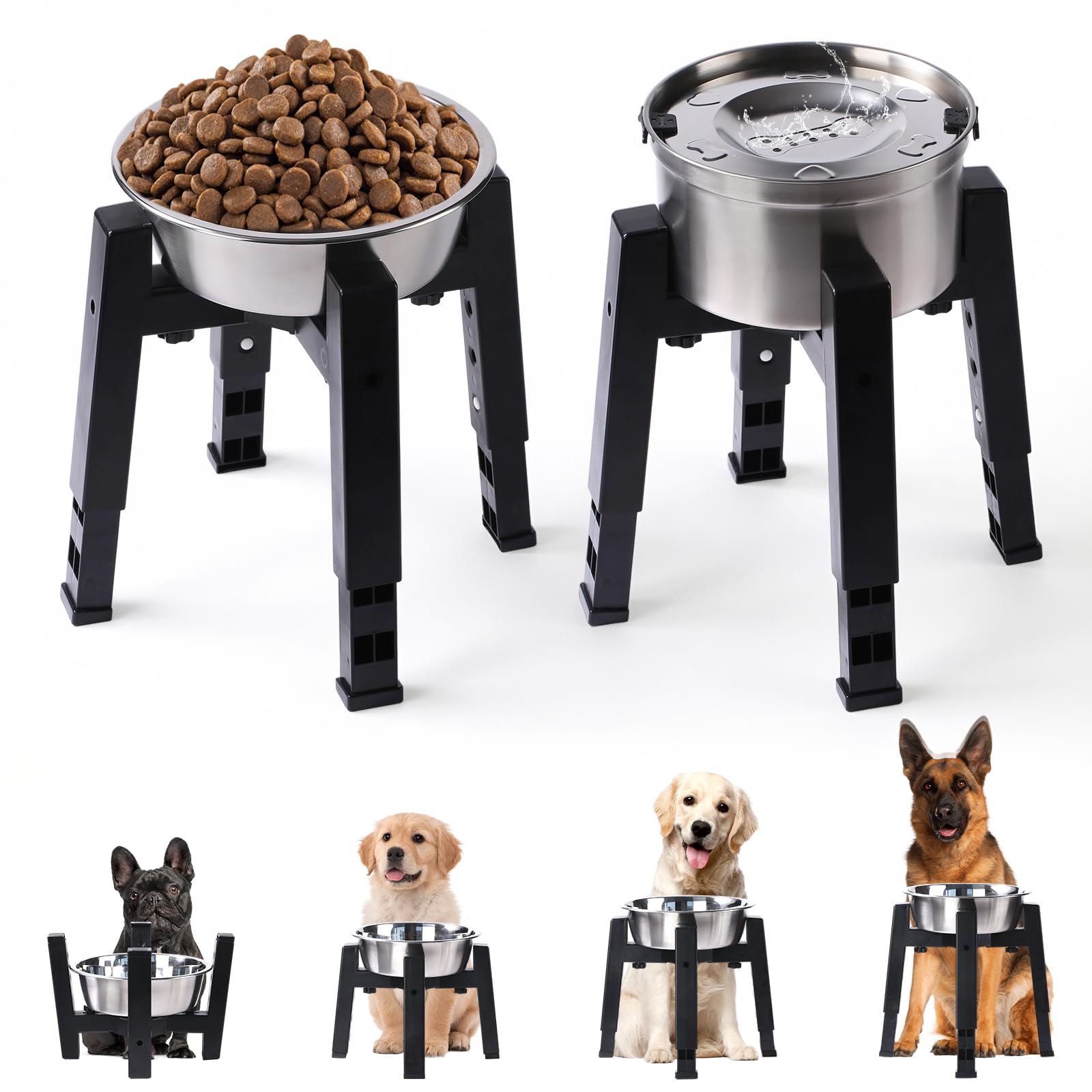 Confezione da 2 supporti per ciotole per cani con set di ciotole per alimentazione e acqua, supporto rialzato regolabile in altezza e larghezza, alimentatore per cani rialzato da 2,5 l e ciotola