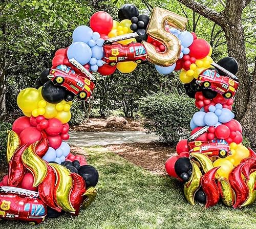 Miniatura 3 de Kit de arco de guirnalda de globos de fuego, 144 globos de oro cromados rojos, amarillos, con globos de aluminio de camión de bomberos para