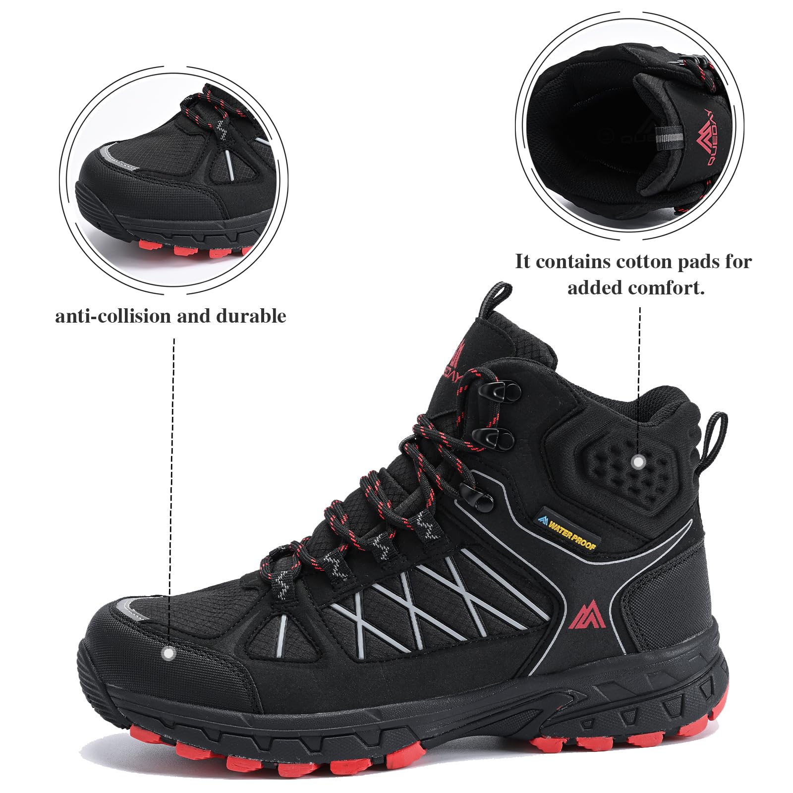 Queday Waterproof Hiking Boots Mens Lightweight Walking Shoes Daily Hike Trekking Trail Outdoor Camping Climbing