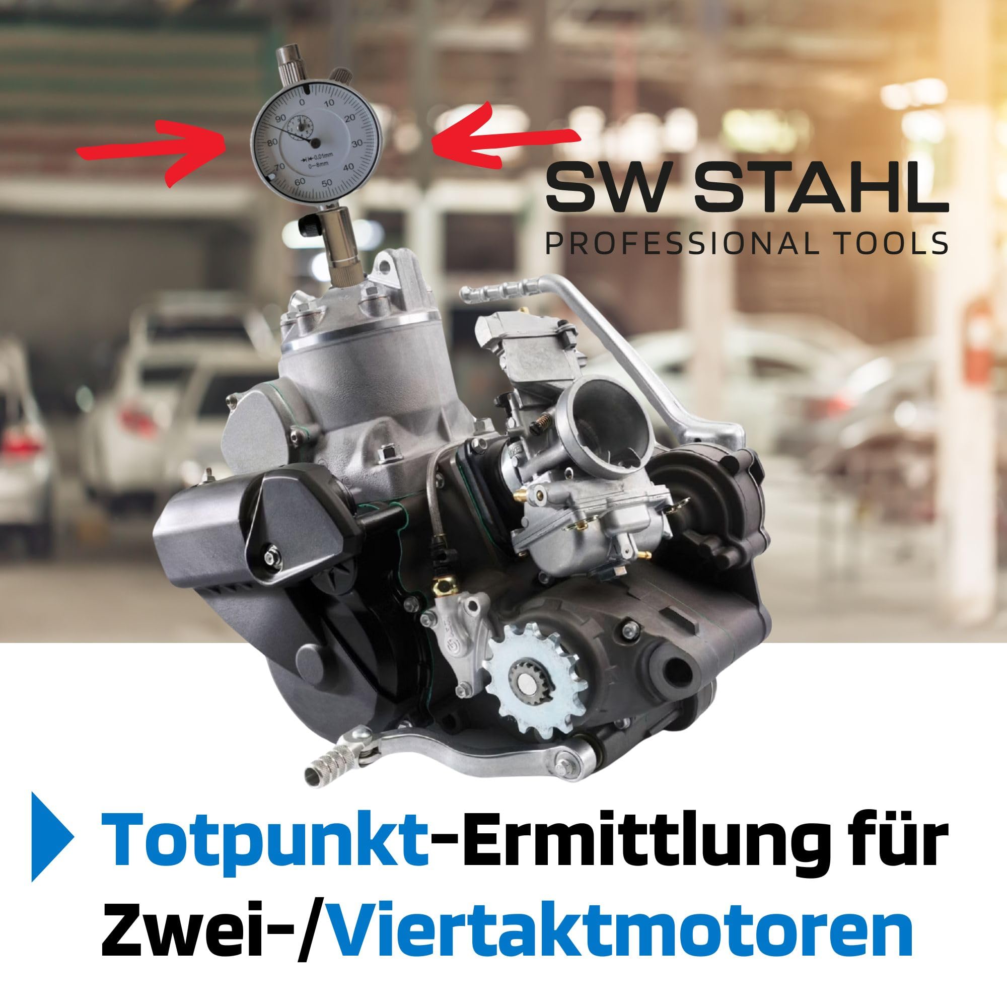 SW-Stahl 26118L Zündzeitpunkt-Einstellsatz, 8-teilig - Messuhr Motorrad | OT-Einstellwerkzeug Set mit Zündkerzenadapter, Messuhrhalterung und Verlängerung für präzise Motorabstimmung