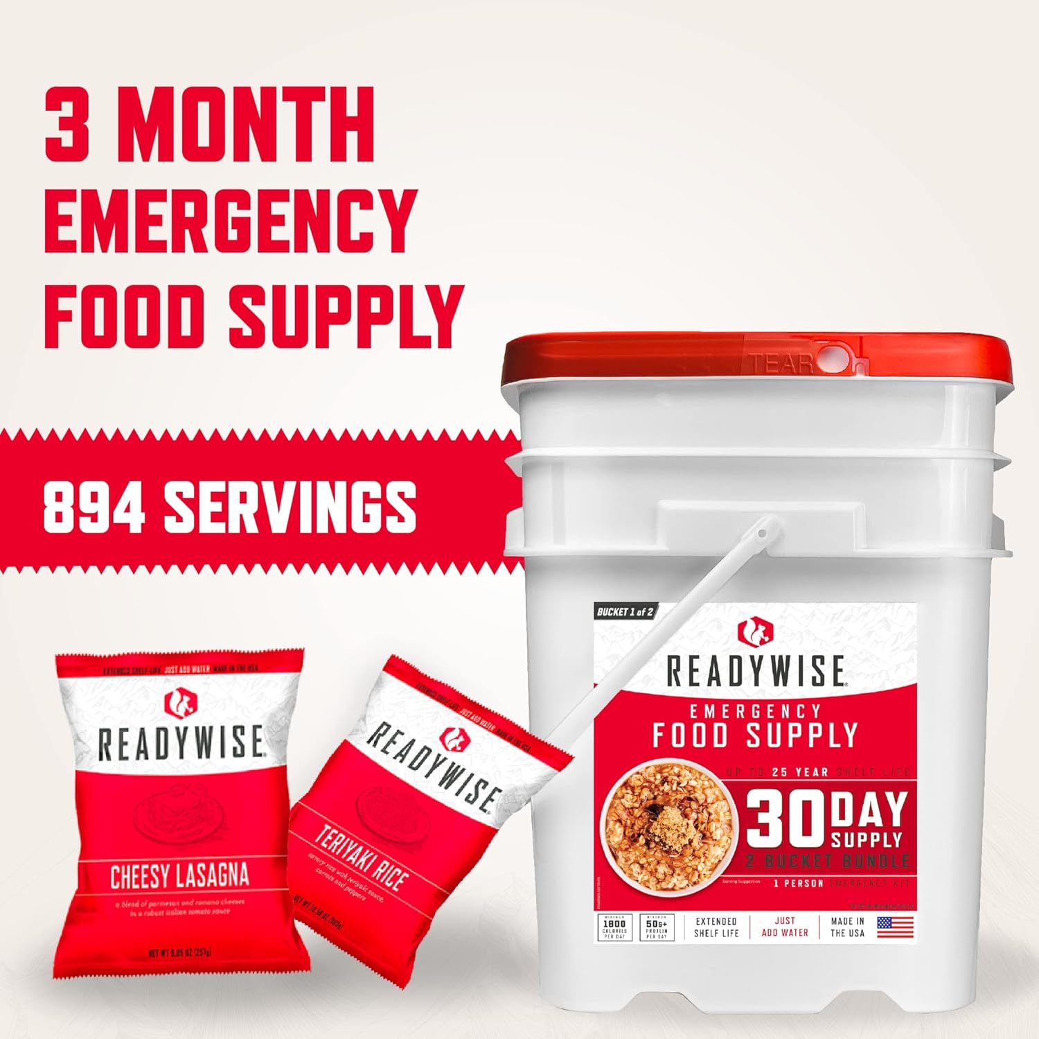 ReadyWise Emergency Food 3-Month Supply, Freeze-Dried Survival Food for Emergencies, Breakfast, Lunch, and Dinner, 6 Buckets, 25-Year Shelf Life, 894 Servings Total : Tools & Home Improvement