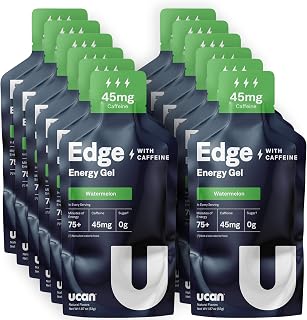 UCAN Edge Energy Gel Shots, Watermelon + Caffeine (12, 2 Ounce Packets) for Running, Training, Workouts, Fitness, Cycling, Crossfit | Sugar-Free, Vegan, & Keto Friendly Energy