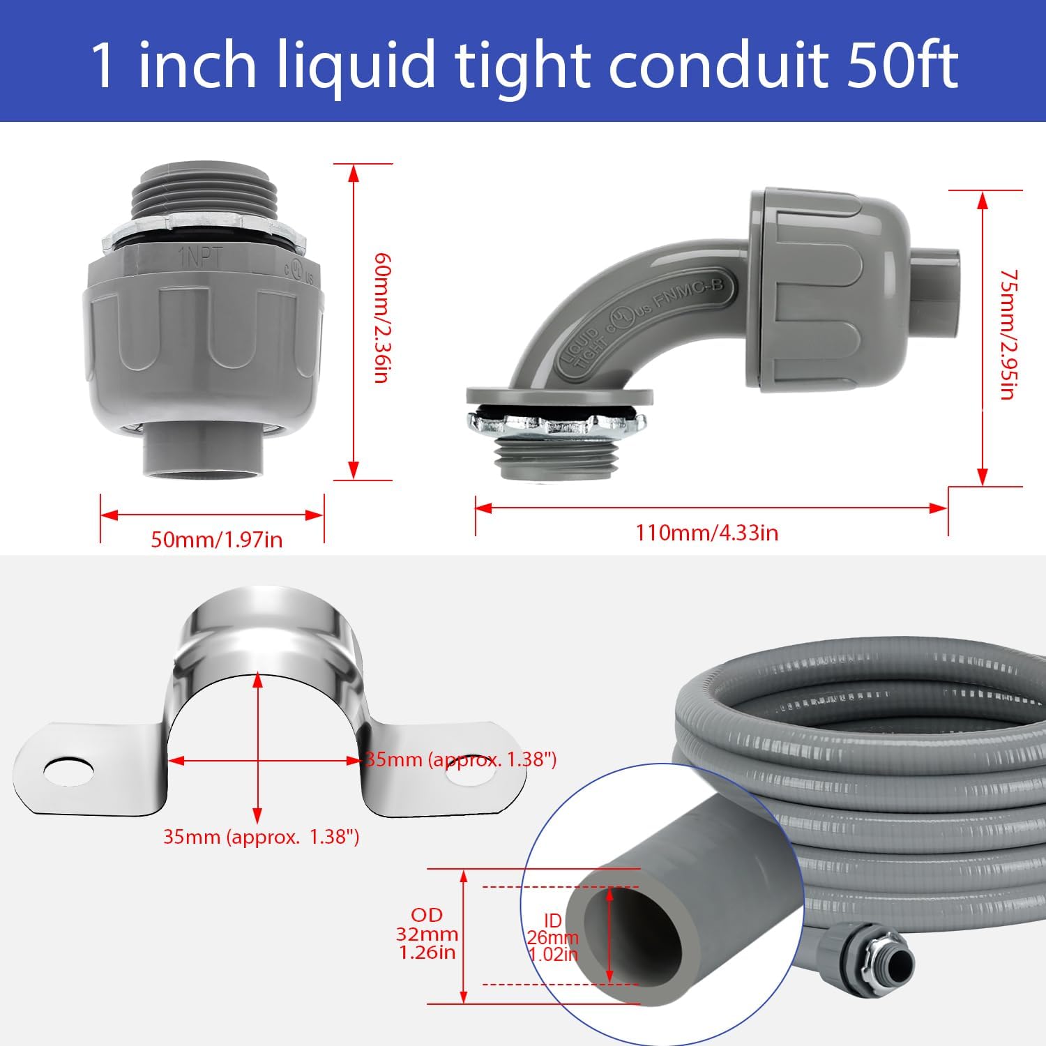 1inch 50ft Non-Metallic Liquid-Tight Conduit Connector Kit, Flexible Electrical Conduit, NPT Thread Straight/Angle Fittings & Clamps for LFNC-B, Weatherproof Outdoor UV Resistant for Outdoor & HVAC