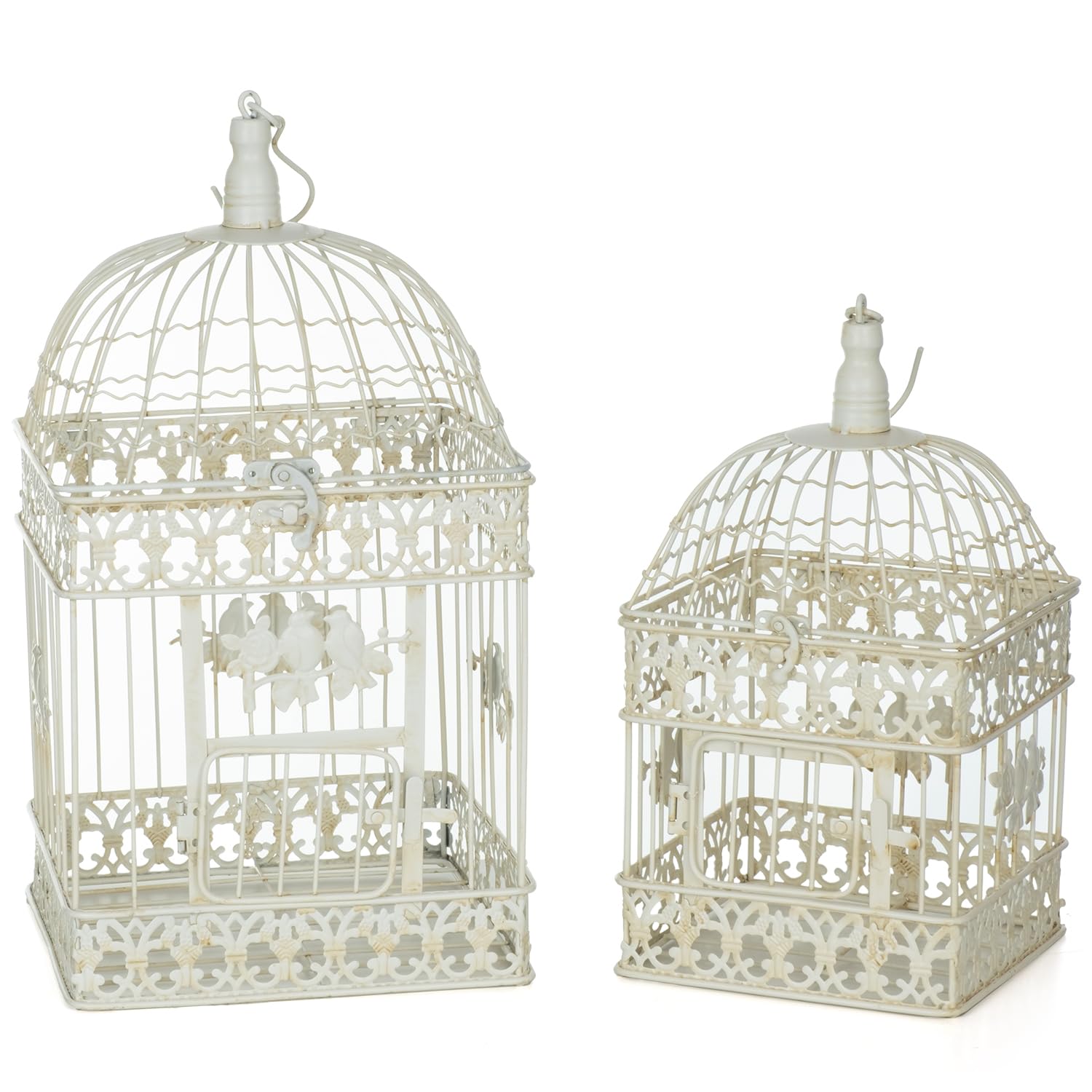 Moritz 2er Set Vogelkäfig Deko aus Metall altweiß H 55/47 cm Vintage Look mit Vogel-Verzierung zum Hängen oder Stellen Dekokäfig Landhausstil Antik Shabby Nostalgie
