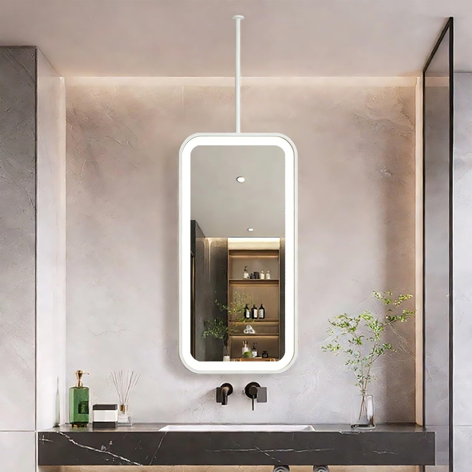 FGXHHS Rectangle Ceiling Hanging Mirror with Metal Framed，Large LED s Wall Mounted Lights，White Vanity for Washrooms Apartment Home Décor(40cmx60cm)