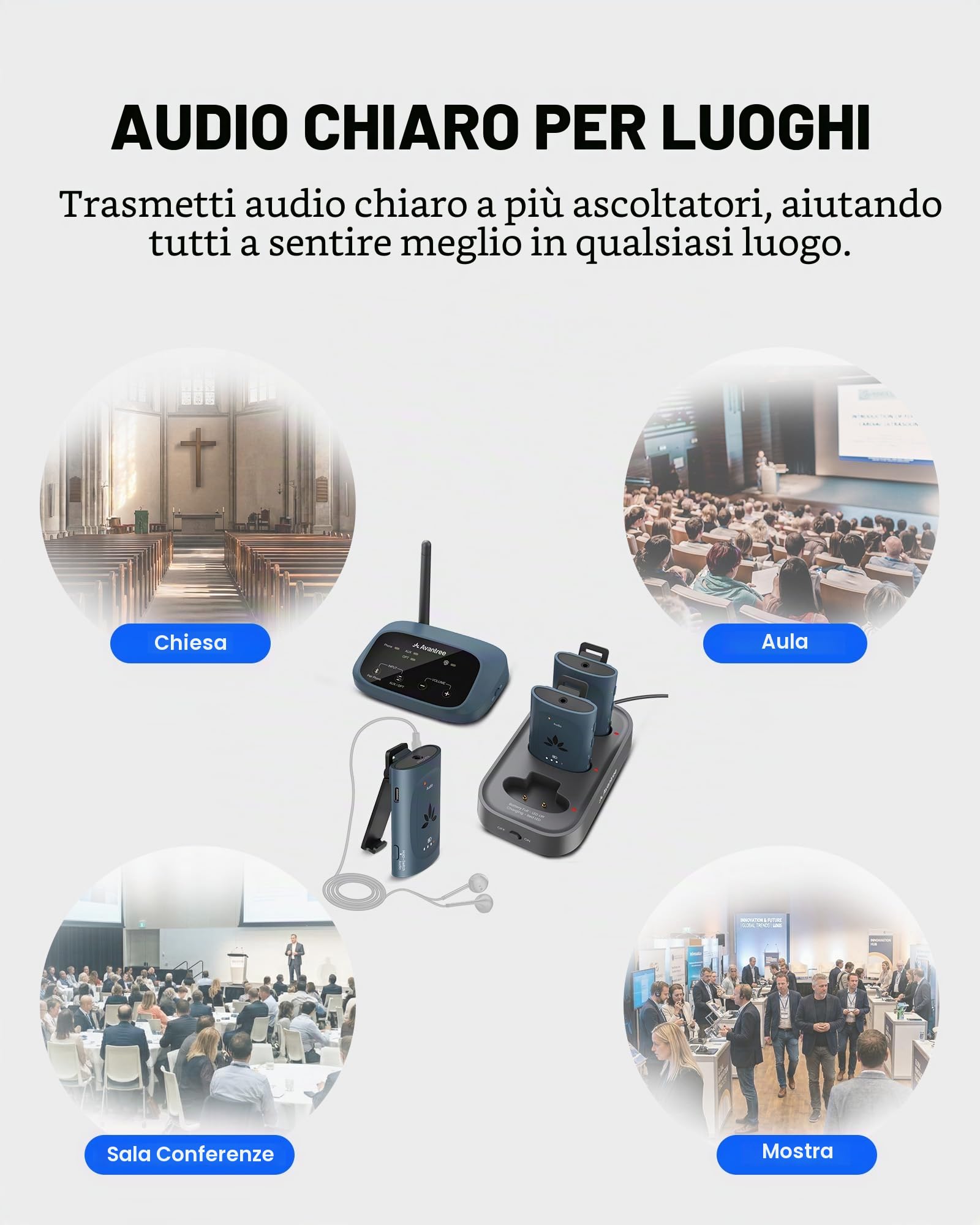 Avantree AuraPlex M3 – Sistema audio Auracast per chiese, compatibile con dispositivi Auracast, 1 trasmettitore & 3 ricevitori, espandibile, portata 100m per aule ed eventi