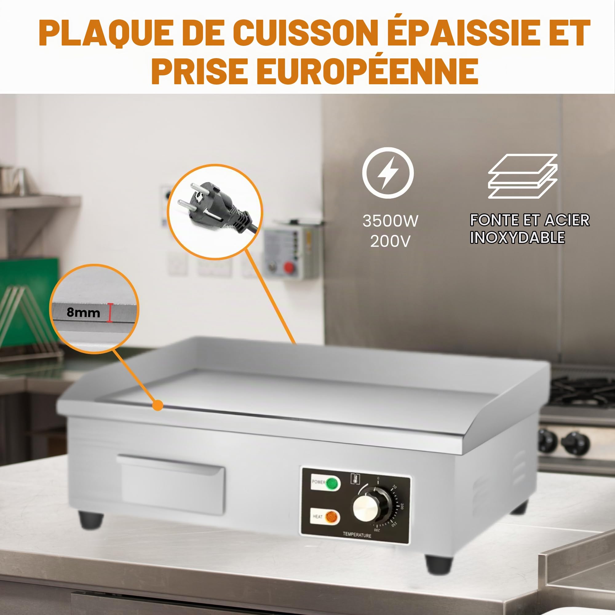 Plancha Électrique de Cuisine.Plaque de Cuisson Professionnelle 55x35cm de Acier Inoxydable.Température de 50-300ºC avec Bac Collecteur de Graisse.Pour Viande,Poisson, Légumes.3000W