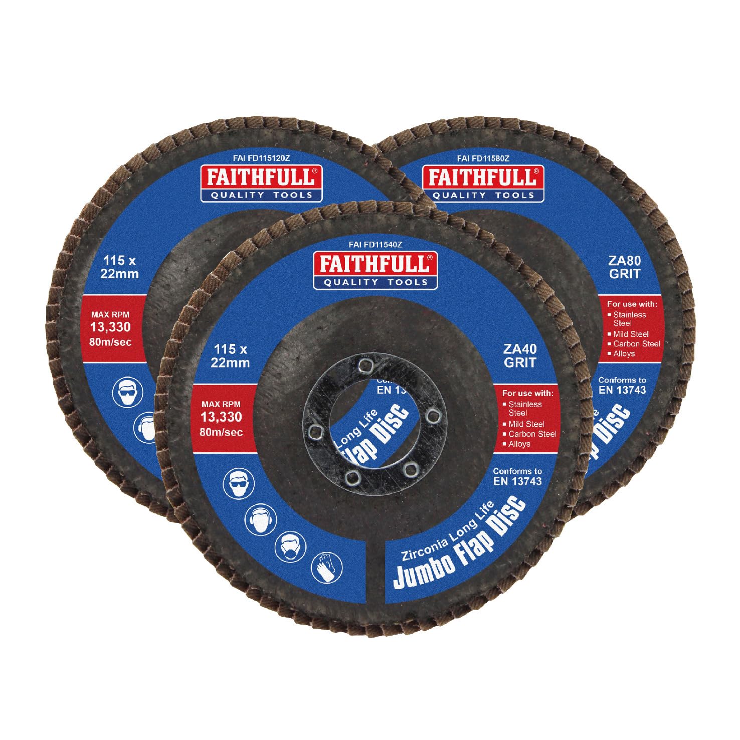 Faithfull Zirconia Abrasive Jumbo Flap Disc 115 X 22Mm Mixed Grit (3 Pack)