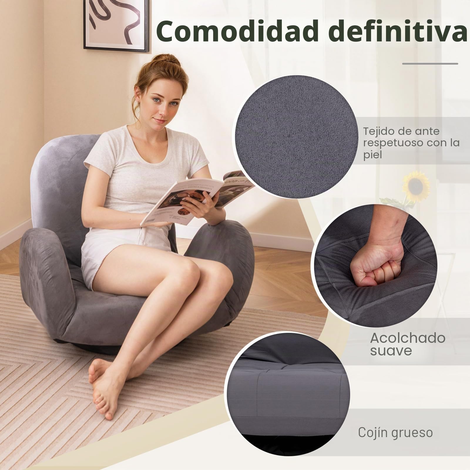 RELAX4LIFE Silla de Suelo Plegable, Silla de Suelo con Respaldo y Reposabrazos Ajustables, Sofá Plegable de Tela de Gamuza, Carga 150kg, Silla Plegable para Salón, Estudio (Sin Base Giratoria)