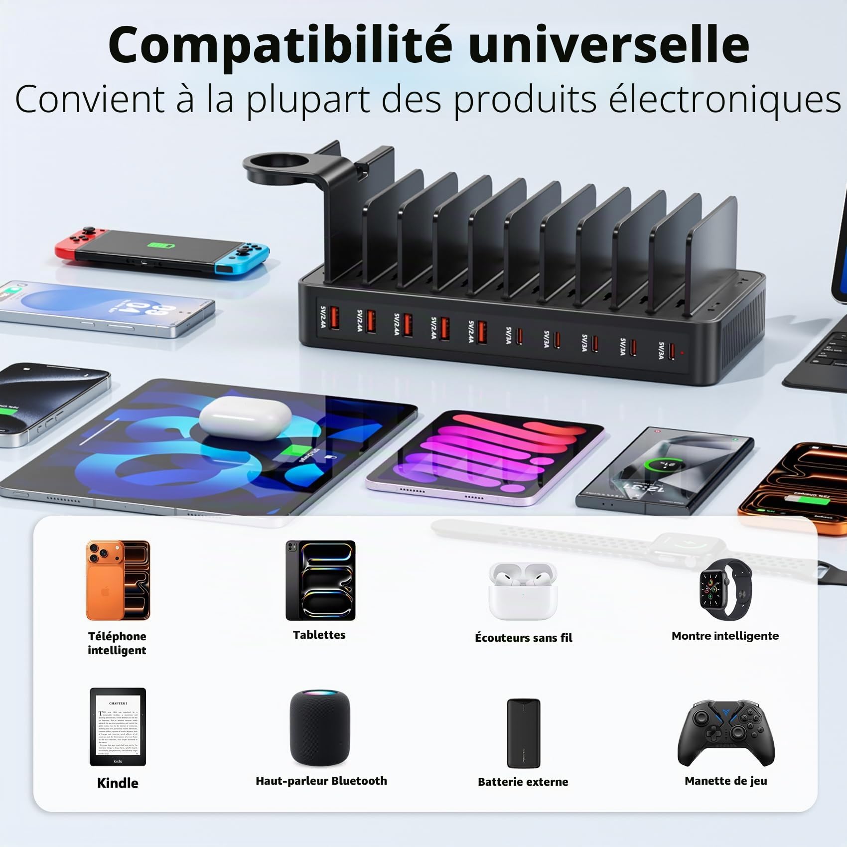 Station de Recharge Multi-appareils 100W, Chargeur 10 Ports USB C+USB A, Support de Bureau pour téléphone et Tablette, adapté au Rangement des appareils, Compatible avec iPhone/Galaxy/iPad/tablettes
