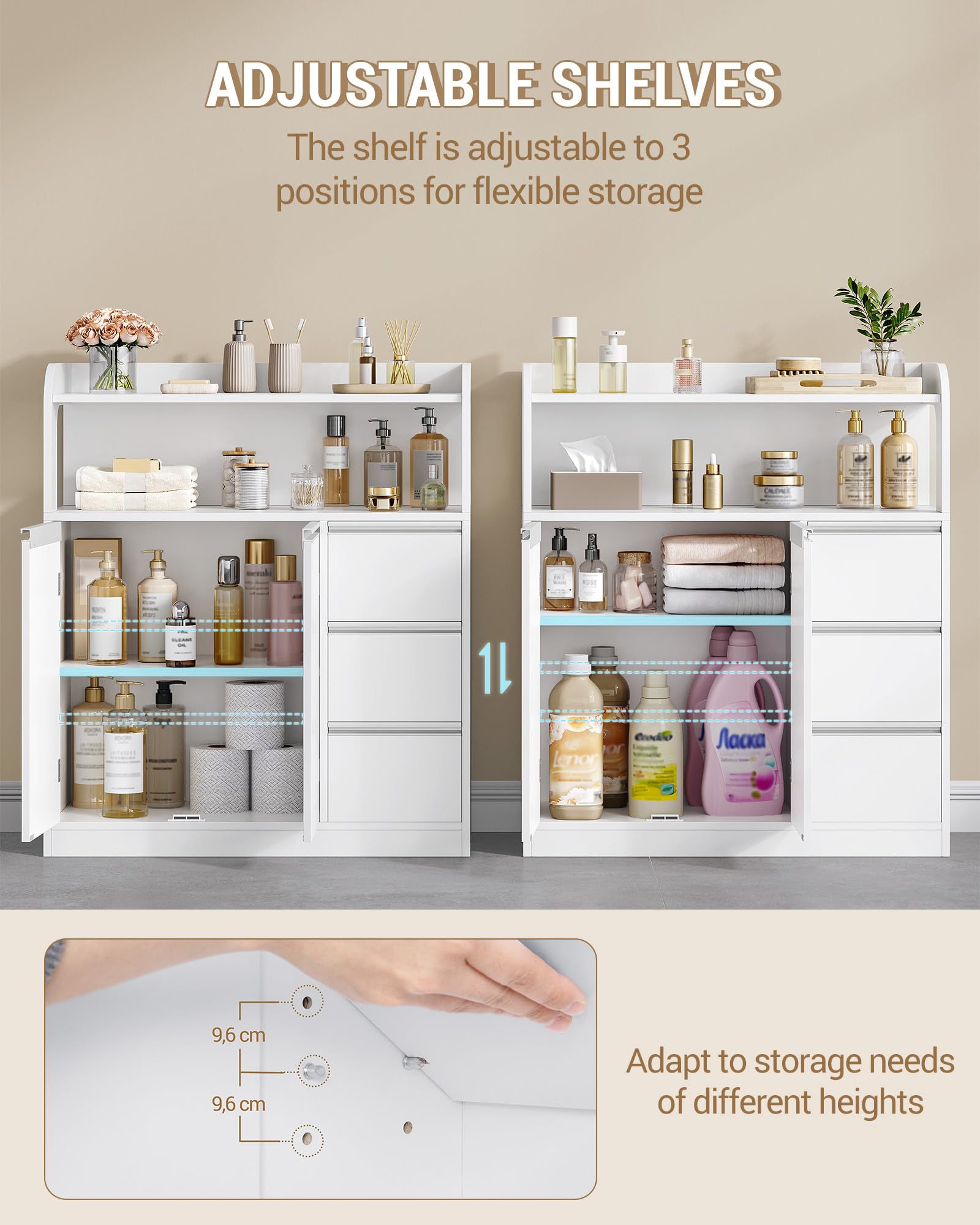 Hzuaneri Mueble de Baño, Armario de Almacenaje, con 2 Puerta, 3 cassetti, Estantes Ajustables, Moderno, para Baño, Salón, 30 x 80 x 92 cm, Blanco 5280003X | Mueble auxiliar de baño con estante ajustable, cómoda, moderna, para salón, 30 x 80 x 92 cm, color