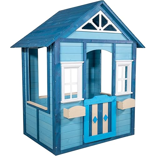 Sportspower Woodbridge Wooden Outdoor Backyard Playhouse with Flower Boxes, Blue