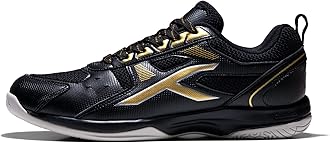 HUNDREDRaze Badminton Shoes(Non Marking)Also Perfect For Squash,Table Tennis,Volleyball,Basketball&Indoor Sports|Lightweight&Durable|X-Cushion,Active Grip Sole,Toe Assist(Black:Gold,9Uk)Unisex-adult