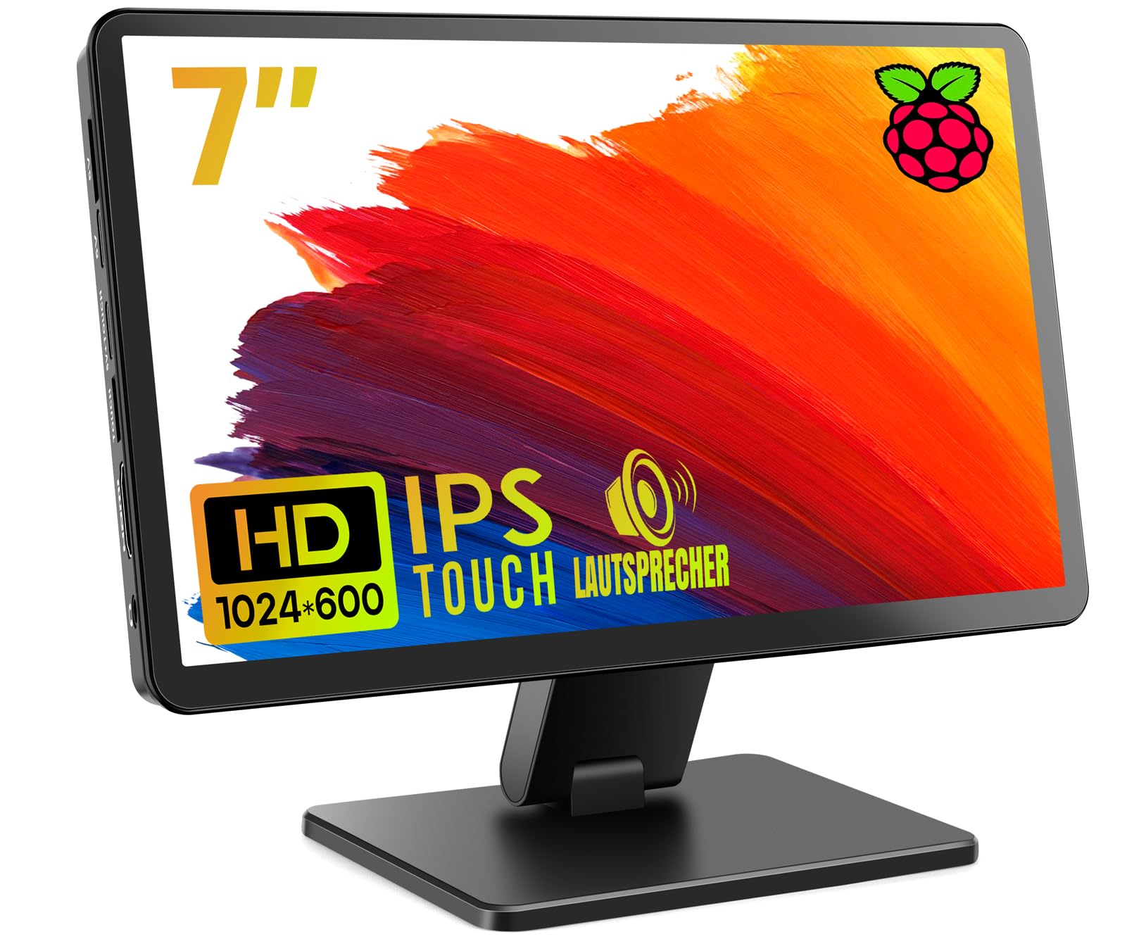 ROADOM 7" Touchscreen Monitor für Raspberry Pi, IPS 1024×600 FHD Display mit Gehäuse, Dual Lautsprecher, HDMI-Eingang, kompatibel mit Pi/PC/Kamera/Gaming/TV
