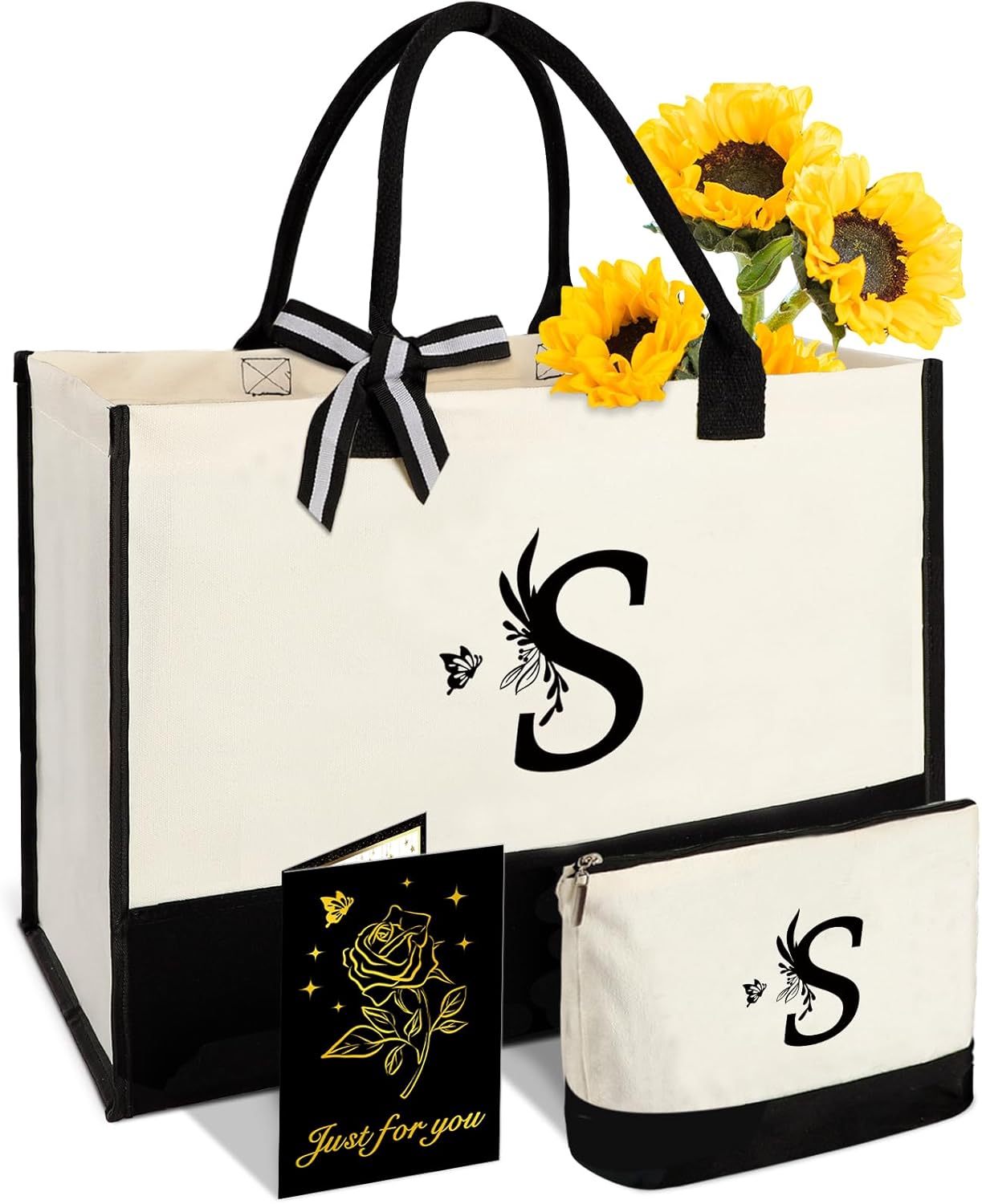 Personalized Gifts for Women - Initial Canvas Tote Bag & Makeup Bag, Custom Bags for Beach, Christmas, Wedding, Birthday, Holiday, Monogram Birthday Gifts for Women, Mom, Wife, Teacher, Friend - S