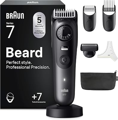 Braun Regolabarba Uomo Series 7, +7 Strumenti da Barbiere, Lama Problade Affilata a Vita, Fino a 120 Minuti di Autonomia, Impermeabile, Selettore di Precisione con 40 Lughezze e Blocco, Bt7525, Grigio