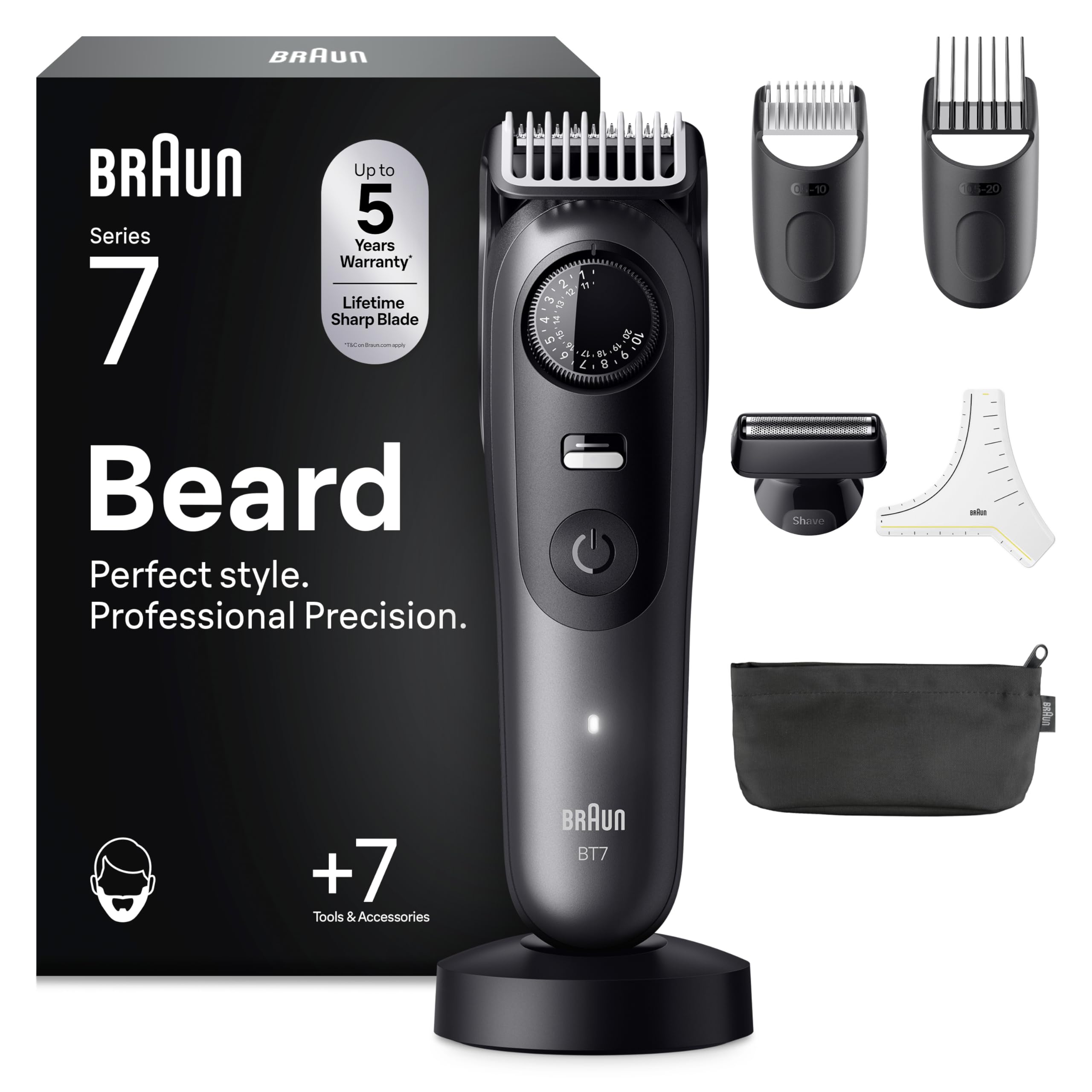 Braun Beard Trimmer Series 7, +7 Barbering Tools, Mens Beard Trimmer with Lifetime Sharp ProBlade, Up to 120 Min Runtime, 40 Lengths, Waterproof, PrecisionWheel & Lock, BT7525, Grey