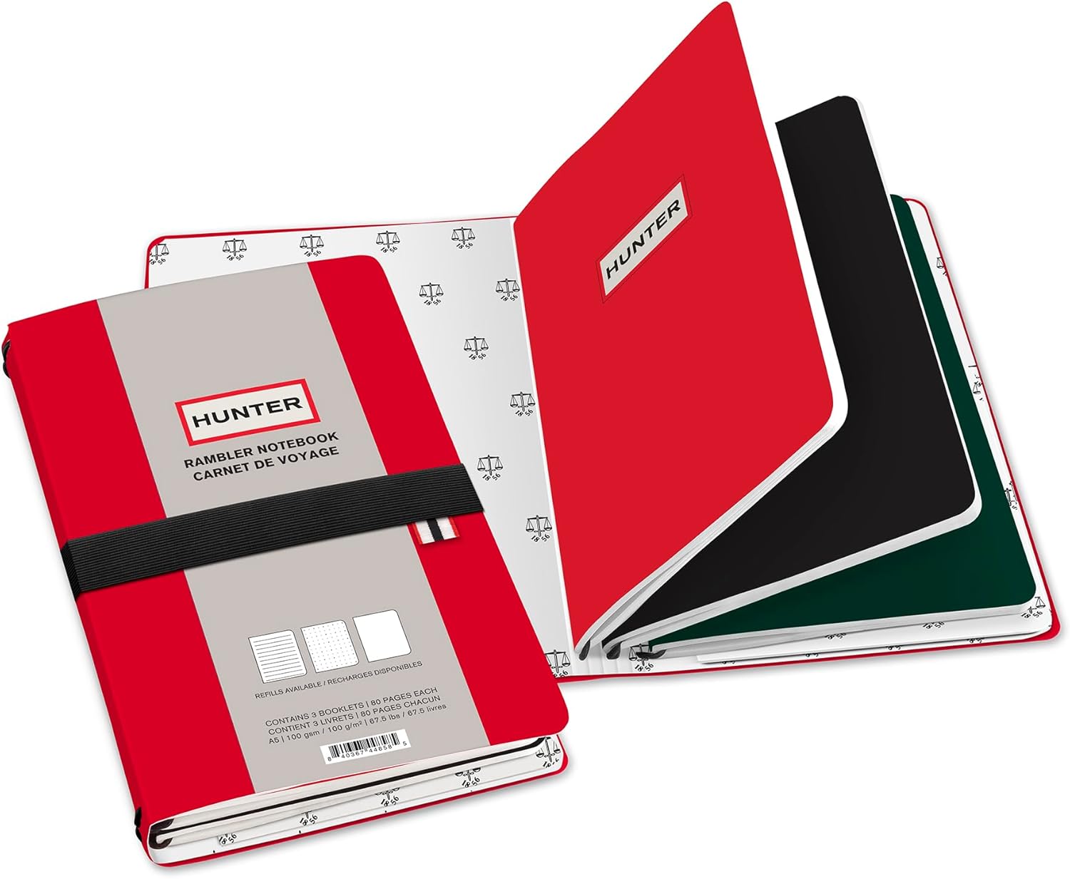 Hunter - Rambler Refillable Notebook, 8.6” X 6” Book with 3 A5 Booklets, 80 Pages Each of Lined Paper, Dot Grid, & Blank Pages for Drawing or Journaling, Elastic Band & Inside Pocket, Hunter Red