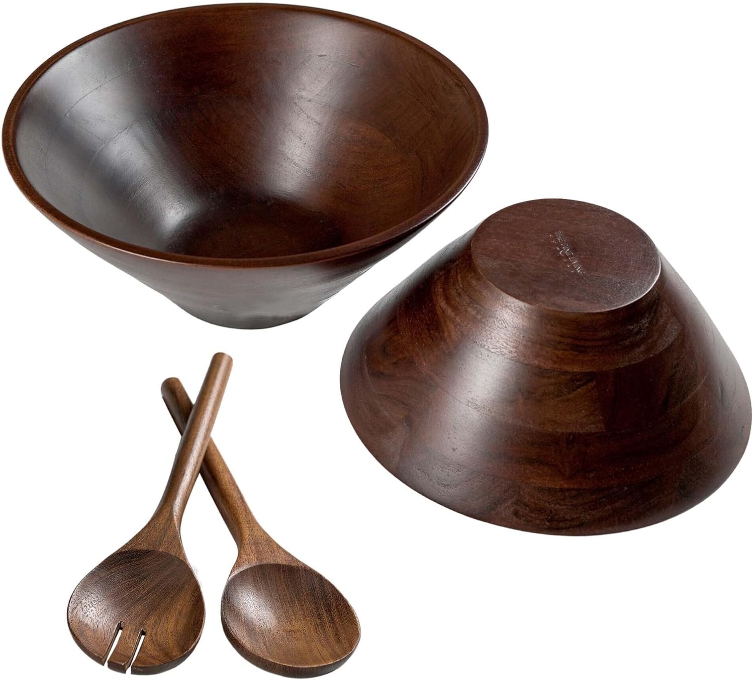 The Fine Living Co. Wooden Bowls Set with Wooden Spoons, Acacia Wood Soup Bowls with Servers, Food-safe Decorative Bowls for Home & Party, Cute Bowls for Dips, Sauce, Ice-cream, Set of 2
