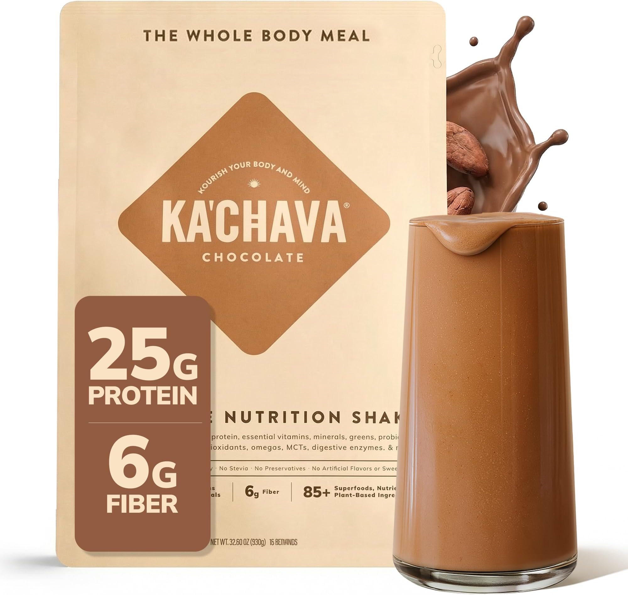 - Ka’Chava Whole Body Meal Shake Chocolate 2 lb – Vegan Protein Powder with 85+ Superfoods & Greens – Plant-Based Meal Replacement with Probiotics & Digestive Enzymes – Gluten & Dairy Free (15 Servings)