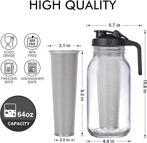 Miniatura 2 de Cafetera helada en tarro de cerveza fría, vidrio duradero, 64 onzas (2 cuartos de galón1.9 litros), con asa y filtro de acero inoxidable para café