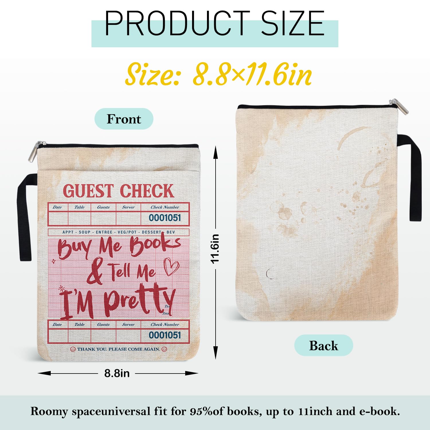 Vintage Guest Check Pattern Book Sleeve for Book Club Gifts with Zipper and Handle Front Pocket for Travel — view 2