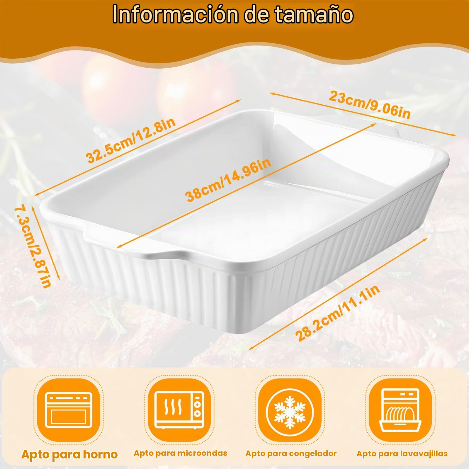 3.8L Fuente Horno Cerámica Blanco con Mango Anti-Calor, 38x23x7.3cm Bandeja de Porcelana Multifuncional Apto Lavavajillas, Freezer y Microondas para Gratinar Lasaña, Guisos y Postres