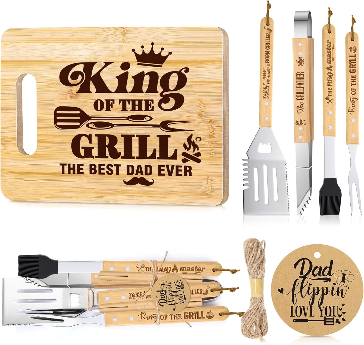 Honeydak Christmas Grilling Gifts Set for Dad Men from Daughter Son BBQ Grill Tools Set Accessories with Stainless Steel Spatula Tong Fork Brush Engraved Bamboo Cutting Board Father Birthday Gifts Box