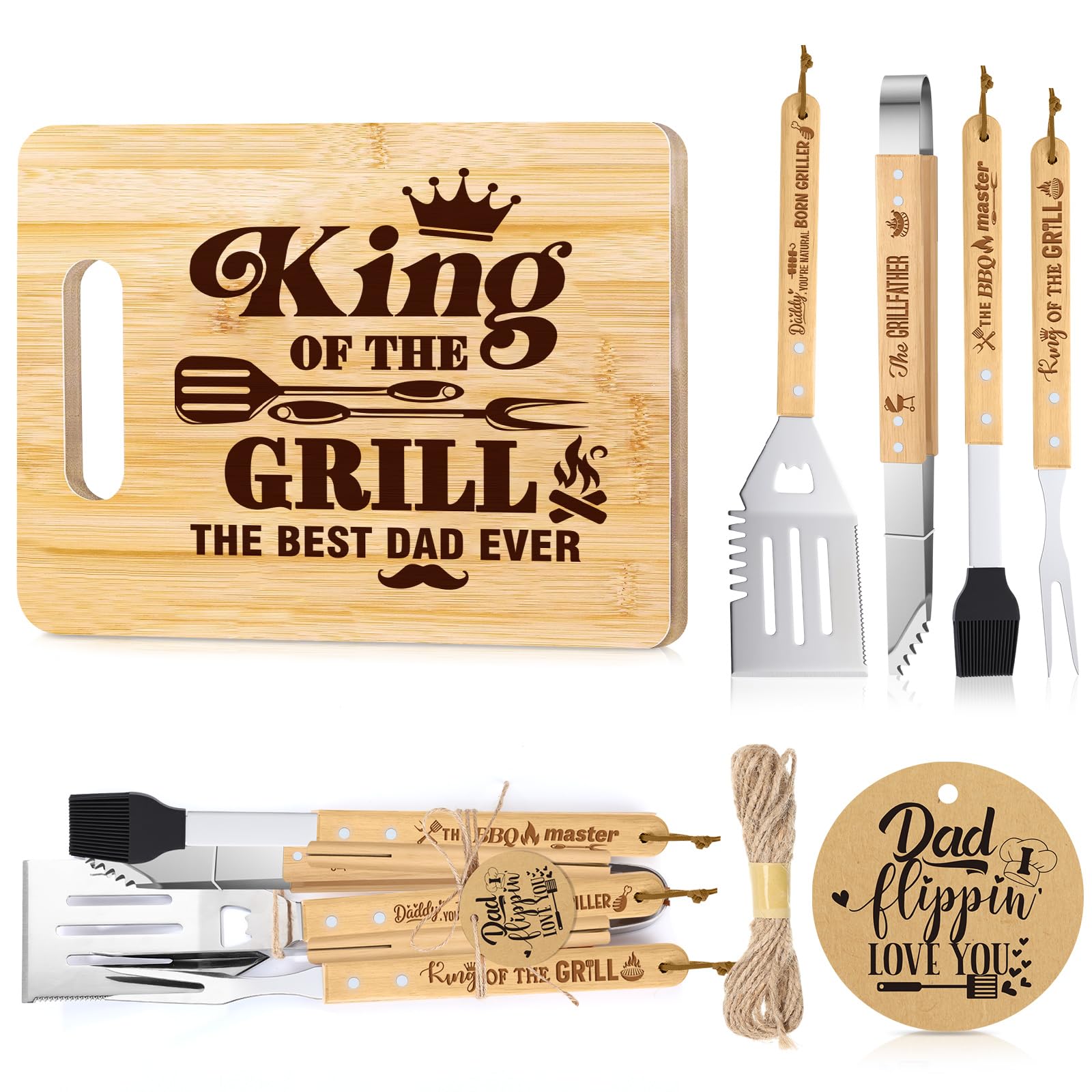 Honeydak Juego de regalos para el día del padre para papá y hombres de hija e hijo, juego de herramientas de parrilla de barbacoa, accesorios con espátula de acero inoxidable, tenedor, cepillo grabado