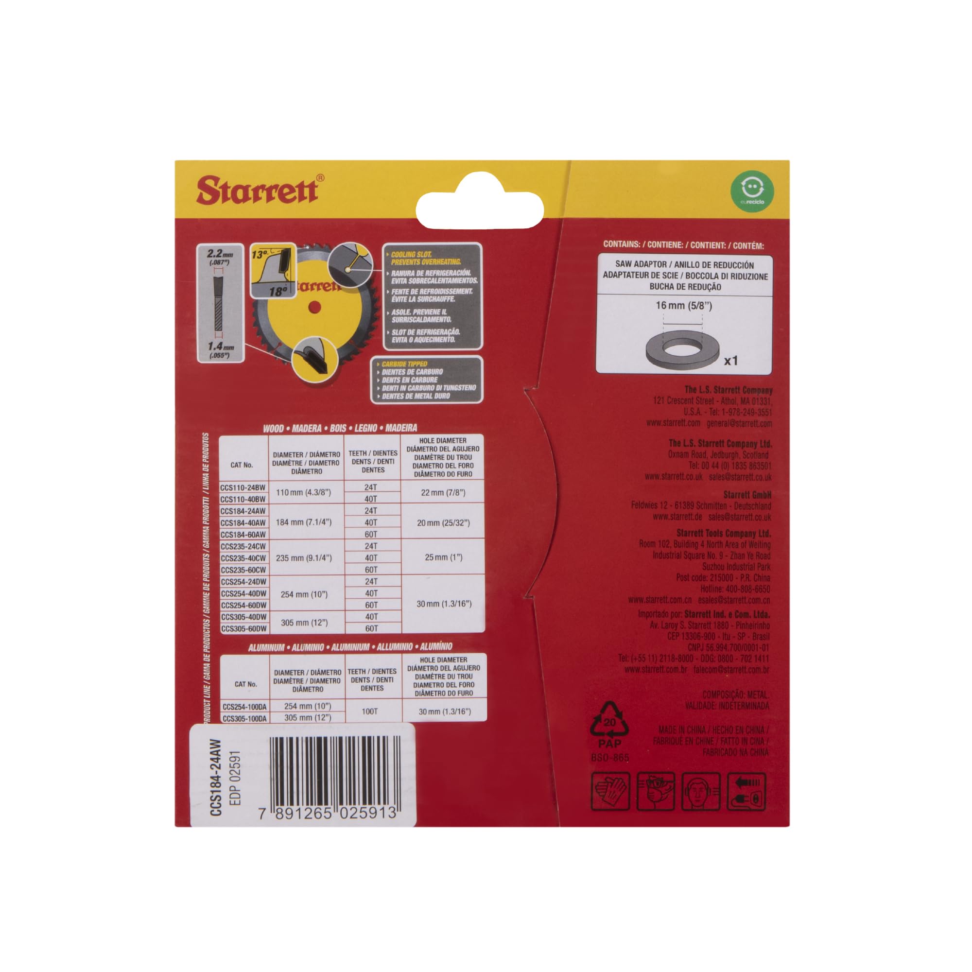 Starrett Lame de scie circulaire TCT 184 mm pour bois, 24 dents, alésage 16/20 mm