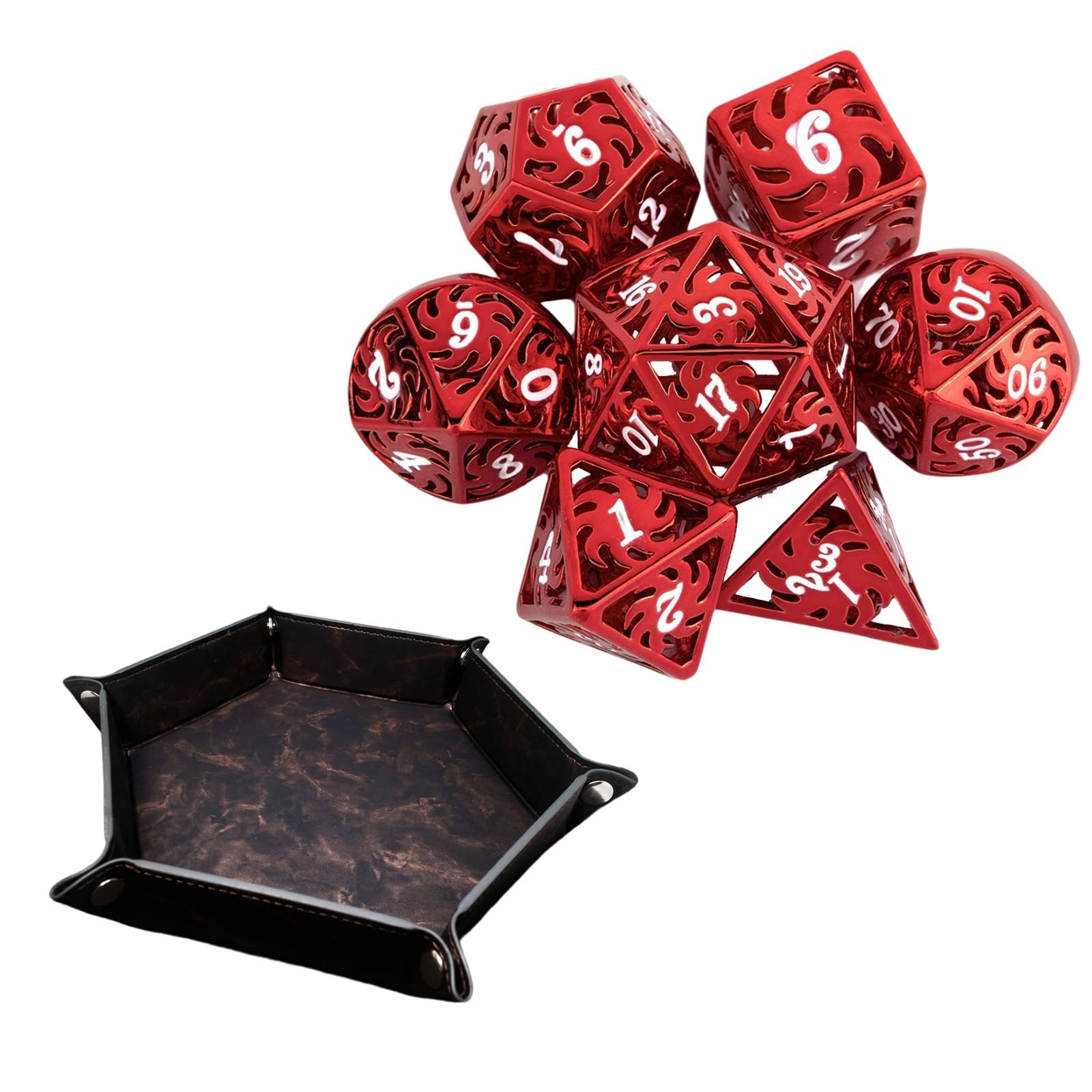 7 Dés en Métal Blanc et Rouge, Polyèdres Creux, Compatibles avec Les Jeux de Rôle, de Plateau et de Cartes